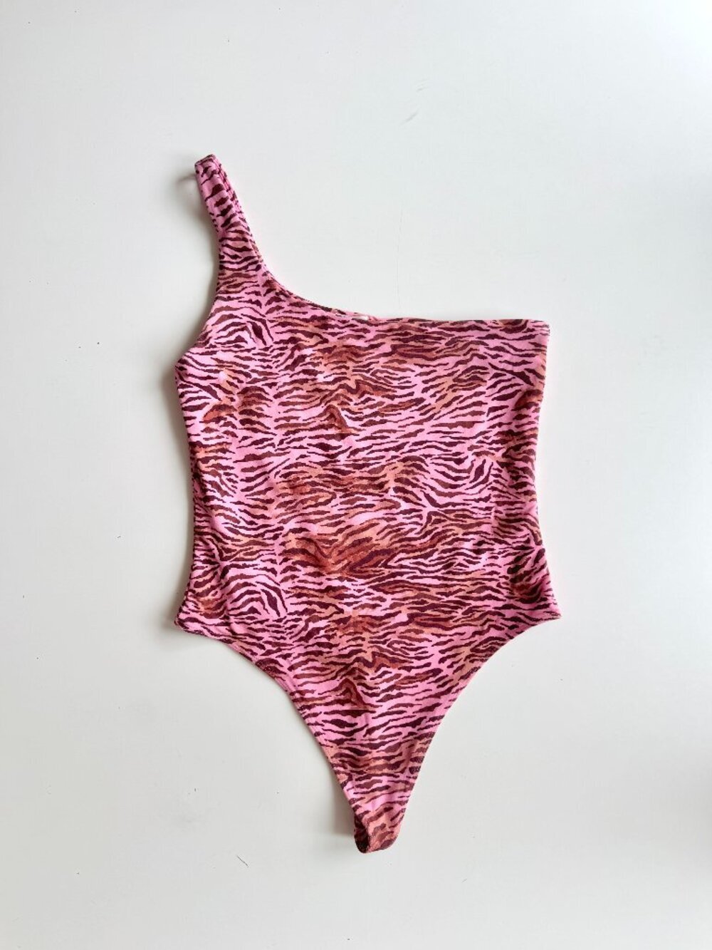 Aritzia LITTLE MOON Swizzle Pink Tiger Striped One Shoulder Bodysuit, Size L